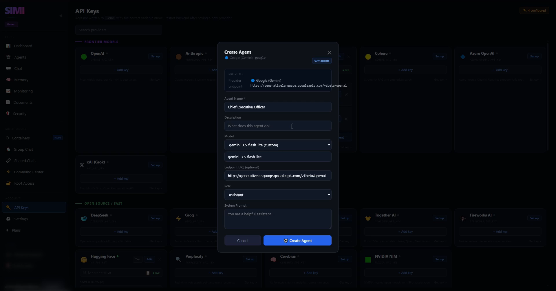 Creating the Chief Executive Officer AI employee in the SIMI Create Agent dialog